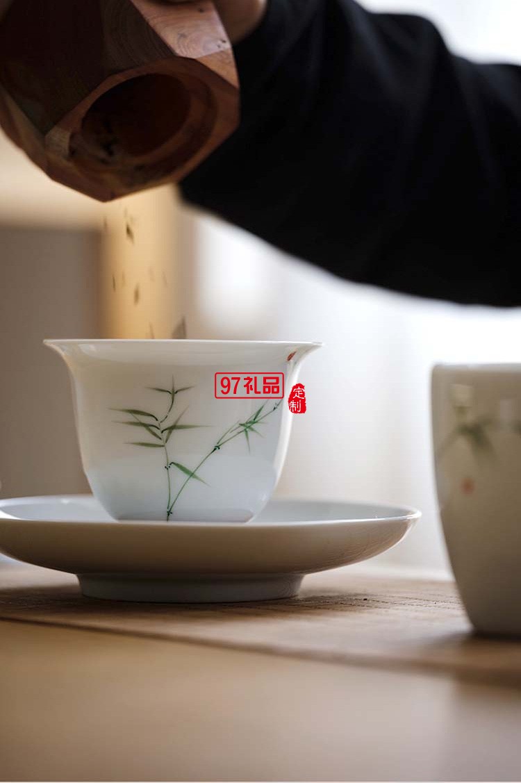 景德鎮青竹功夫茶具套裝 純手繪釉下彩整套白瓷陶瓷蓋碗茶杯
