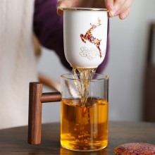 創意耐熱玻璃杯水杯馬克杯陶瓷內膽過濾辦公杯茶杯木手柄泡茶杯